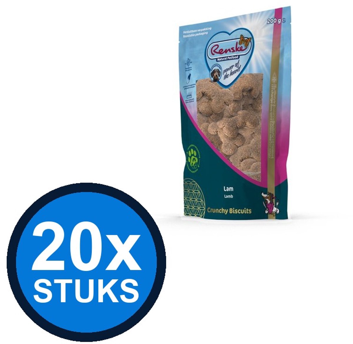 20x Renske - Gezonde beloning hond crunchy lam 200gr - Hondenvoer Snacks - 200 g