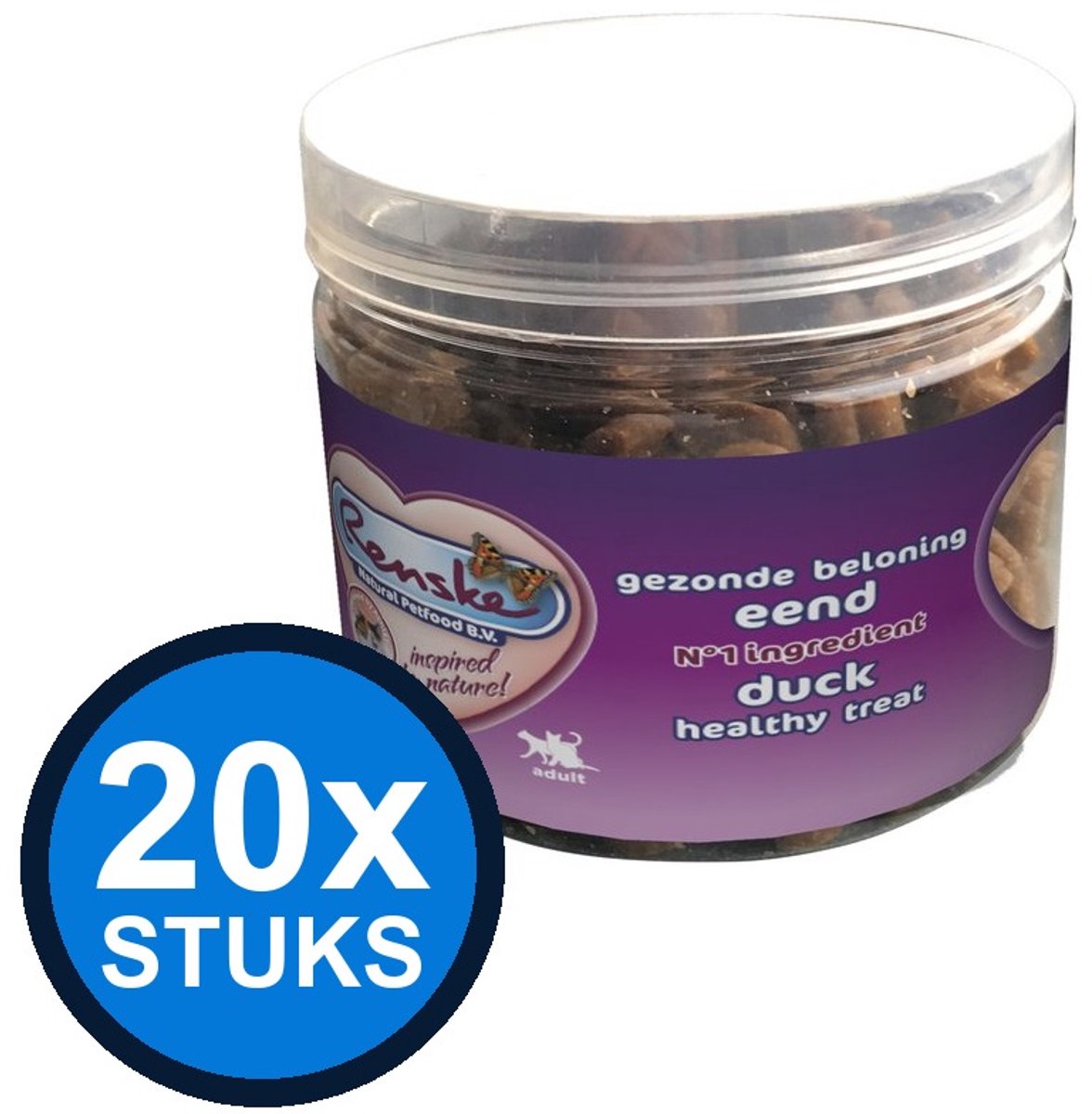 20x Renske - Gezonde beloning kat mini hartjes eend 100gr - Kattenvoer Snacks - 100 g