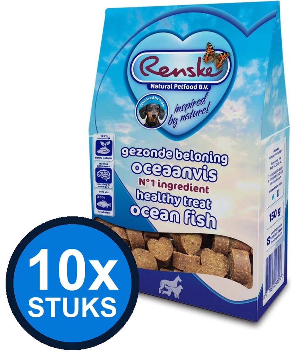 10x Renske - Gezonde beloning hartjes hond vis 150gr - Hondenvoer Snacks - 150 g