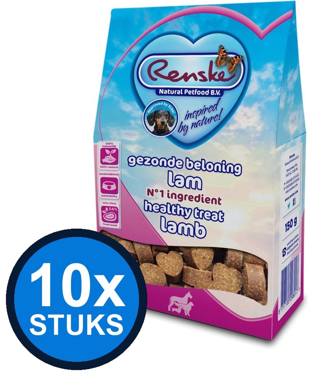 10x Renske - Gezonde beloning hartjes hond lam 150gr - Hondenvoer Snacks - 150 g