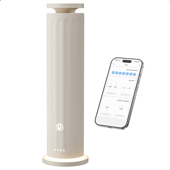 Un diffuseur beige côtelé avec un symbole marche/arrêt et des indicateurs lumineux, à côté d'un smartphone affichant l'application NØBOX.