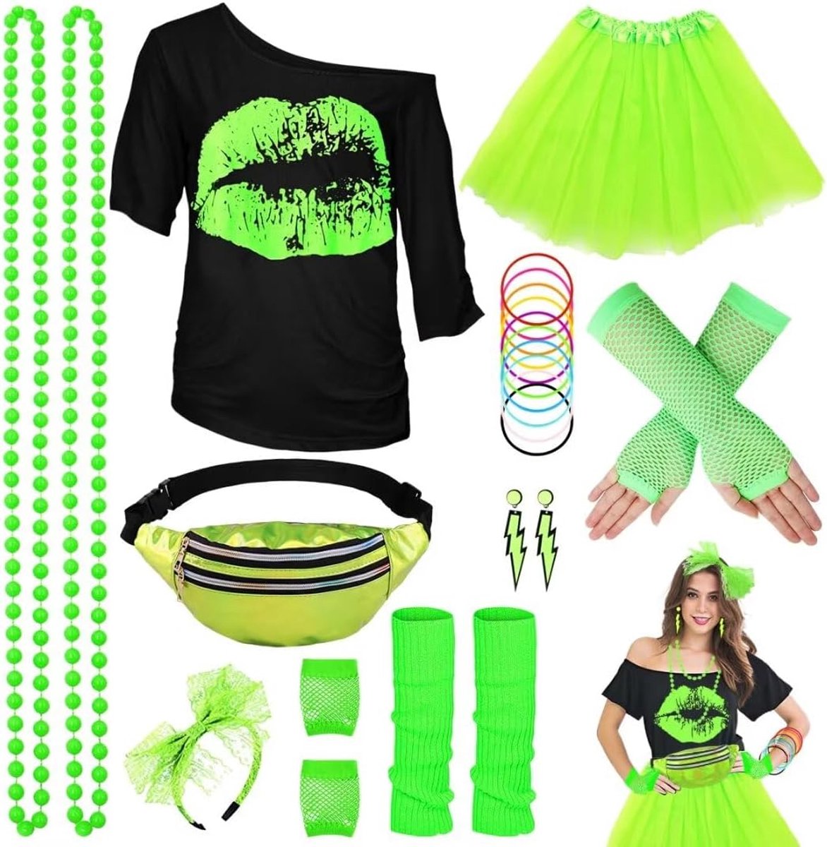 SnelShoppen - 80s Kostuum Outfit Dames T-Shirt Tutu Rok Met Accessoires - Neon Party Set - 24 Delig - Perfect Voor Carnaval, Feest en Themafeestje