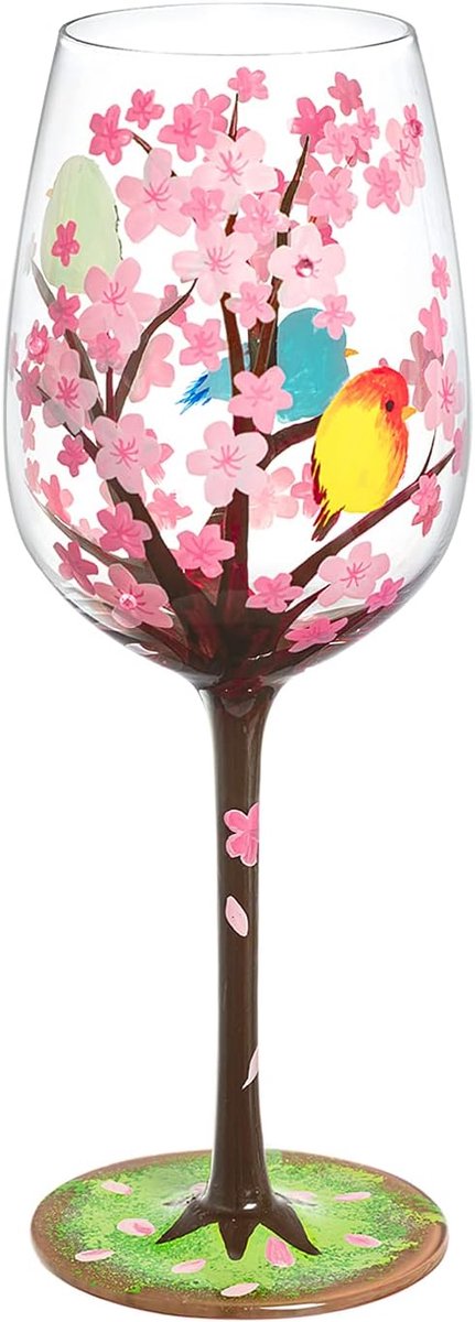 SnelShoppen - Handgeschilderde Wijnglas 15oz met Vogels en Kersenbloesem - Uniek Cadeau voor Vrouwen, Familie en Vrienden - Perfect voor Verjaardagen