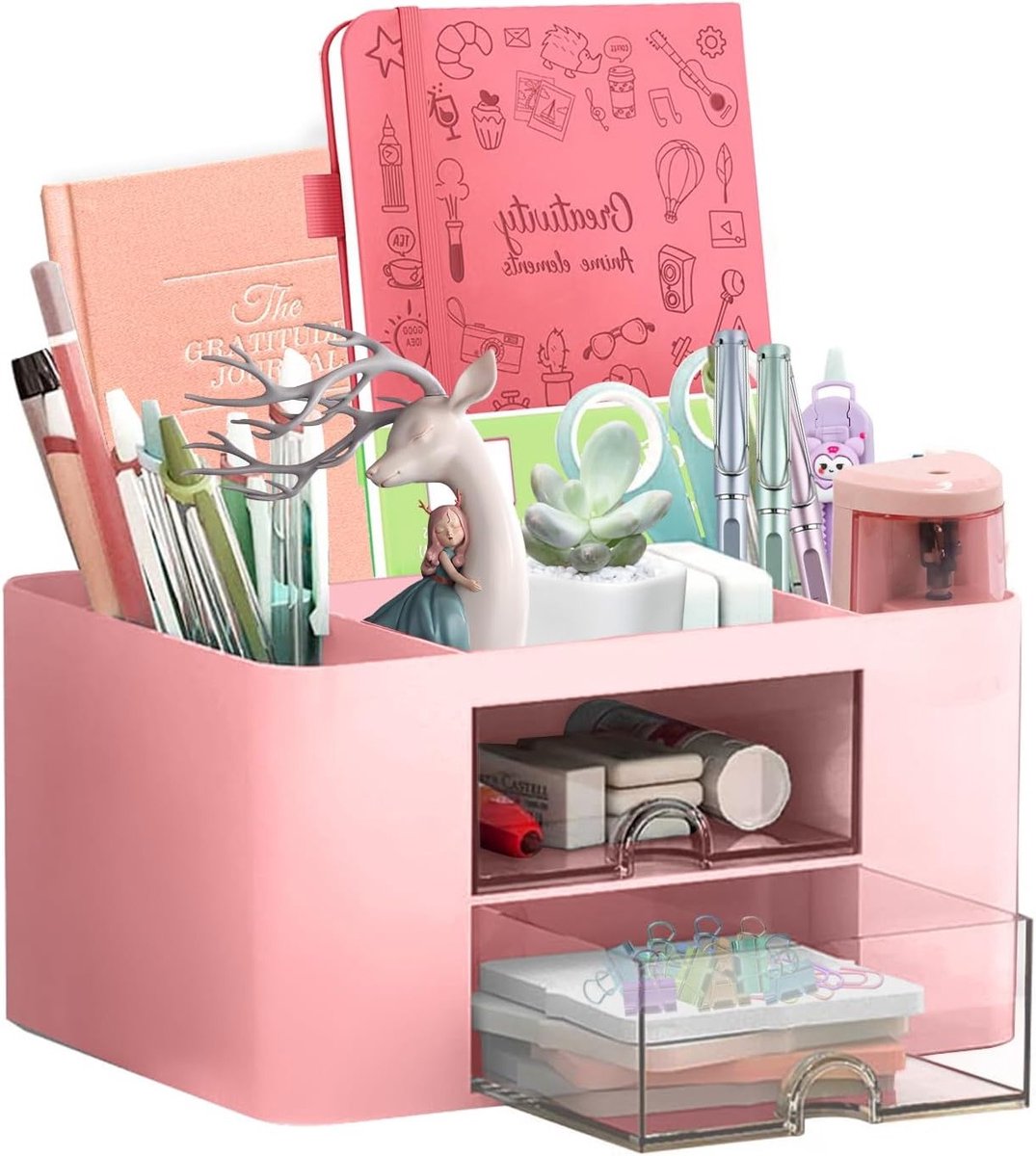 Multifunctionele Bureau Organizer met 7 Compartimenten en Lade voor Kantoor, Thuis en School - Ruimtebesparende Pennenhouder in Roze