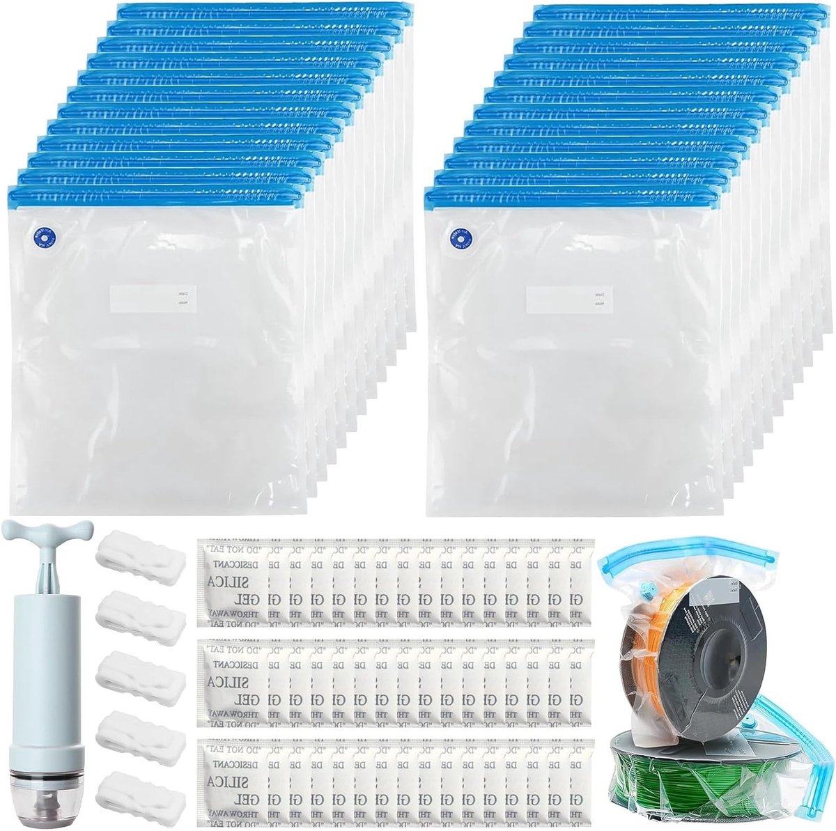 24 Stuks Herbruikbare Vacuumzakken 34 x 30 cm + 48 Ontvochtigers, Inclusief Handpomp en Se