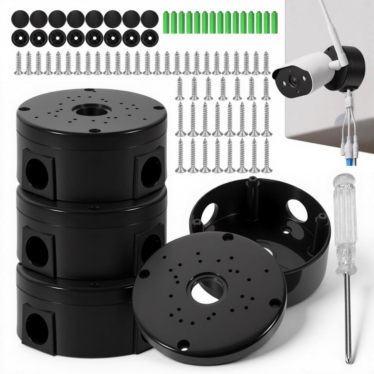 SnelShoppen - Pack van 4 Waterdichte Camera Junction Box Zwart Rond met Schroeven en Mini Schroevendraaier voor Binnen en Buiten Bewaking