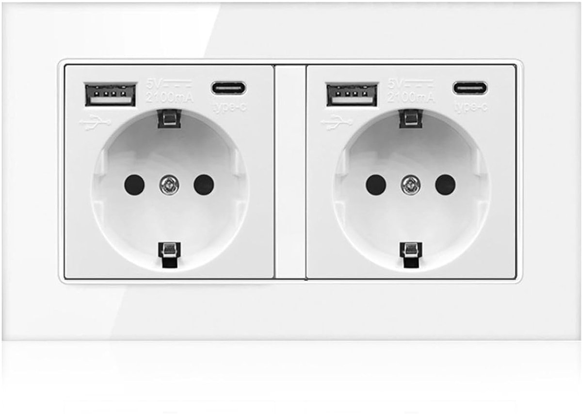 SnelShoppen - USB Wandcontactdoos met 2 Stopcontacten en 2 USB-A & 2 USB-C Aansluitingen, Makkelijk te Installeren Wandstopcontact met Glasplaat, Idea