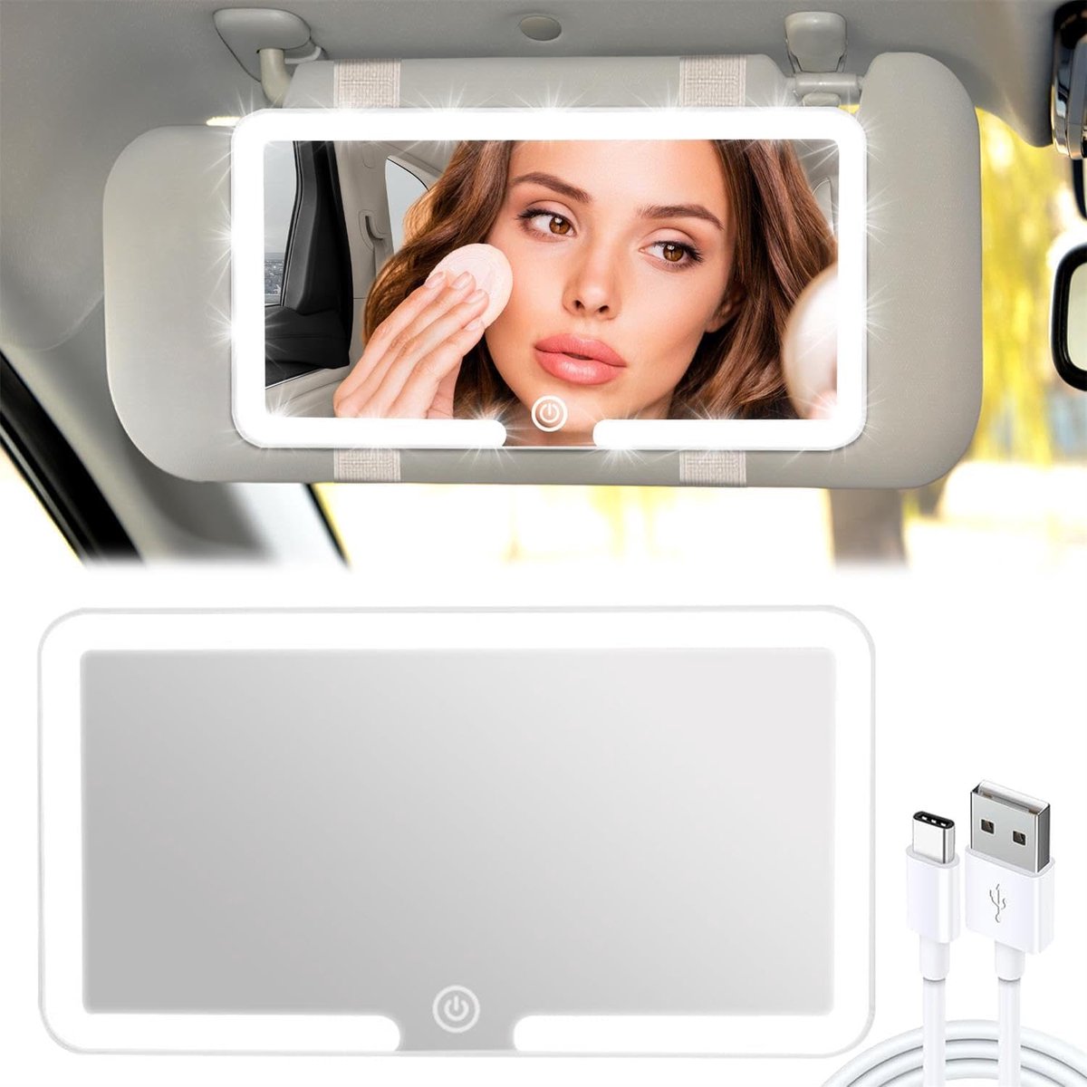 Thijox - Auto Make-up Spiegel LED, Universele Draagbare Autozonneklep Spiegel met 3 Lichtstanden, USB Oplaadbaar, Wit voor Perfecte Make-up en Verzorg