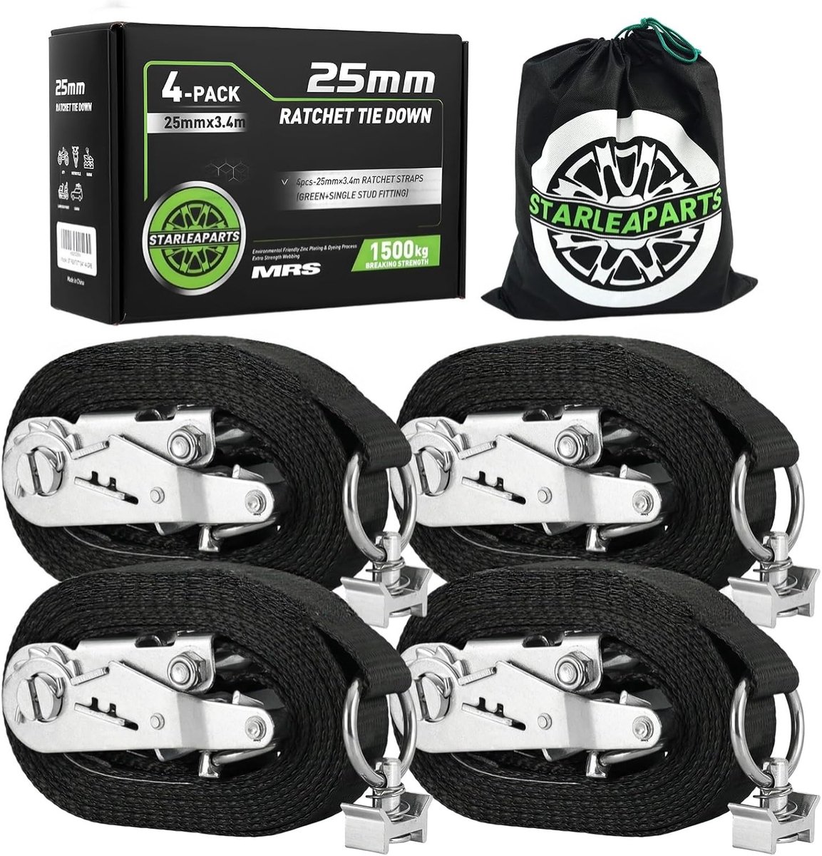SnelShoppen - Pack van 4 Airline Rail Spanbanden 25 mm x 3.4 m Met Ratchet Set, Zwart, Voor Lading Beveiliging, Hoge Belastbaarheid tot 1500 kg, Ideaa