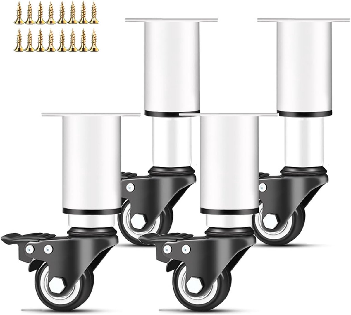 SnelShoppen - 4 Stuks Meubelwielen met 360° Draaifunctie en Rem, Hoogte Verstelbaar, Voor Bank, Bed, Kast, Tafel, Meubilair, DIY, 14-16 cm, Wit