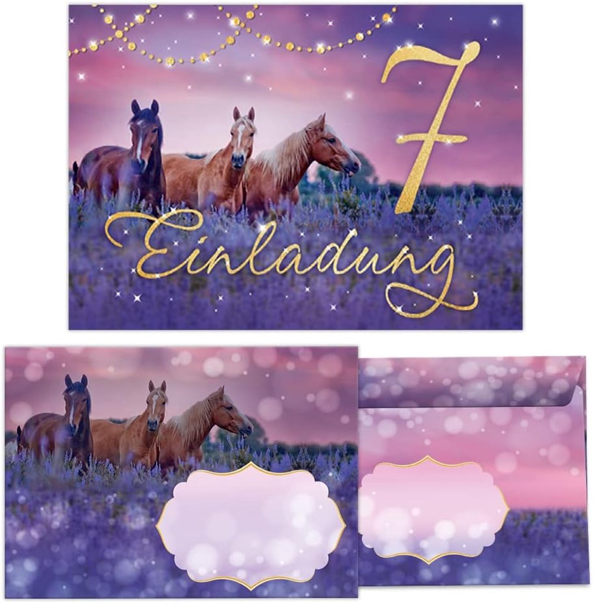 SnelShoppen - 12 uitnodigingskaarten voor 7e verjaardag meisje met paarden + 12 enveloppen, zelfklevend, 10.5x14.8 cm, feest, kinderfeestje, verjaarda