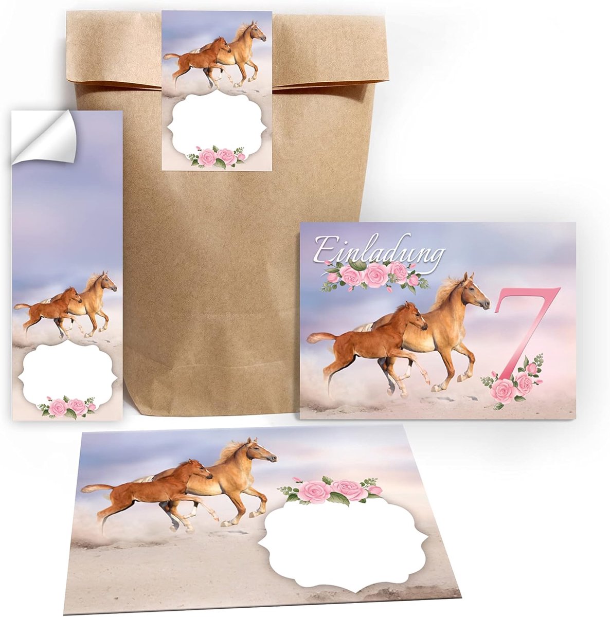 SnelShoppen - 12 Uitnodigingen voor 7e Verjaardag Meisje Paard met Veulen incl. 12 Enveloppen, 12 Cadeautasjes, 12 Stickers - Feest, Kinderfeest, Paar