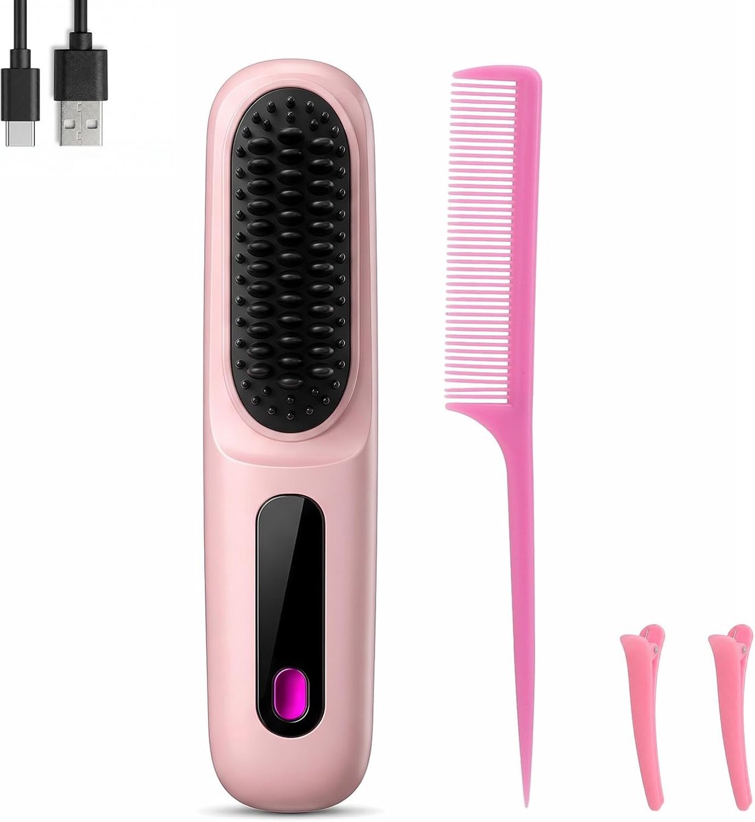 Thijox - Draadloze Stijlborstel met LED-display, Draadloze Haarstyler voor Kort Haar, Veilig voor Krullen, Roze Stijlborstel voor Onderweg en Dagelijk