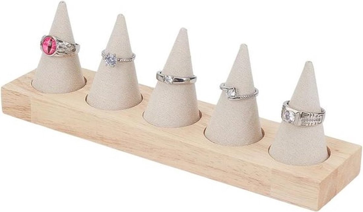 Ringhouder met 5 kegels van fluweel voor sieraden - Beige displaystandaard voor ringen - Decoratieve opslag voor ringen - Sieraden showcase voor thuis, bruiloft en winkel - Houten ringhouder