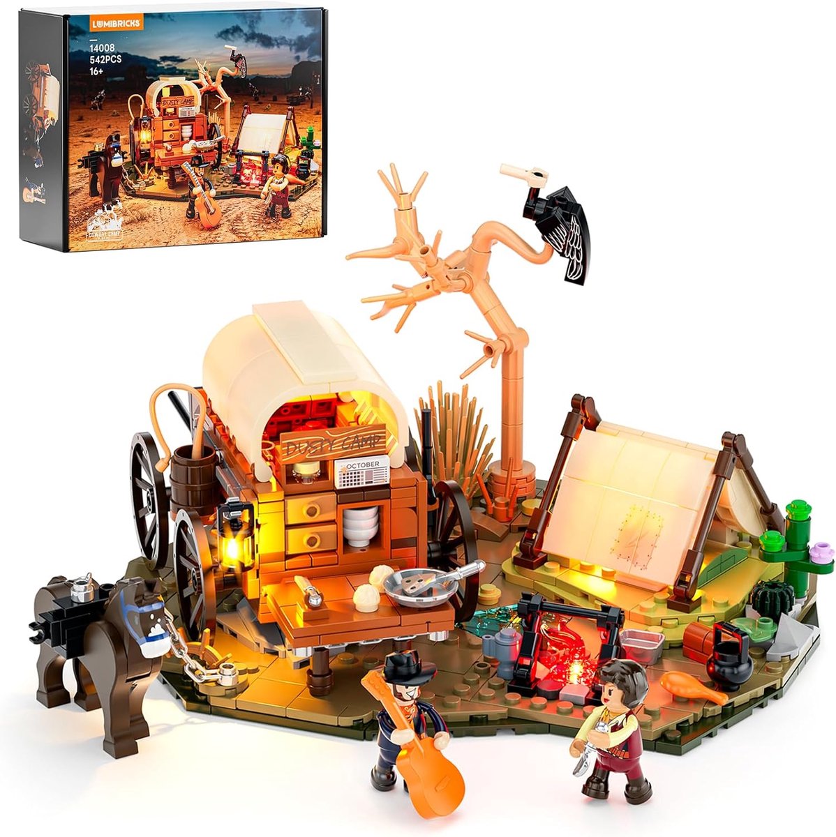 SnelShoppen - Lumibricks Western Cowboy Camp Bouwset 542 Stukjes met Licht, Authentieke Cowboy Tent en Keuken Kar voor Kinderen, Creatief Speelgoed vo