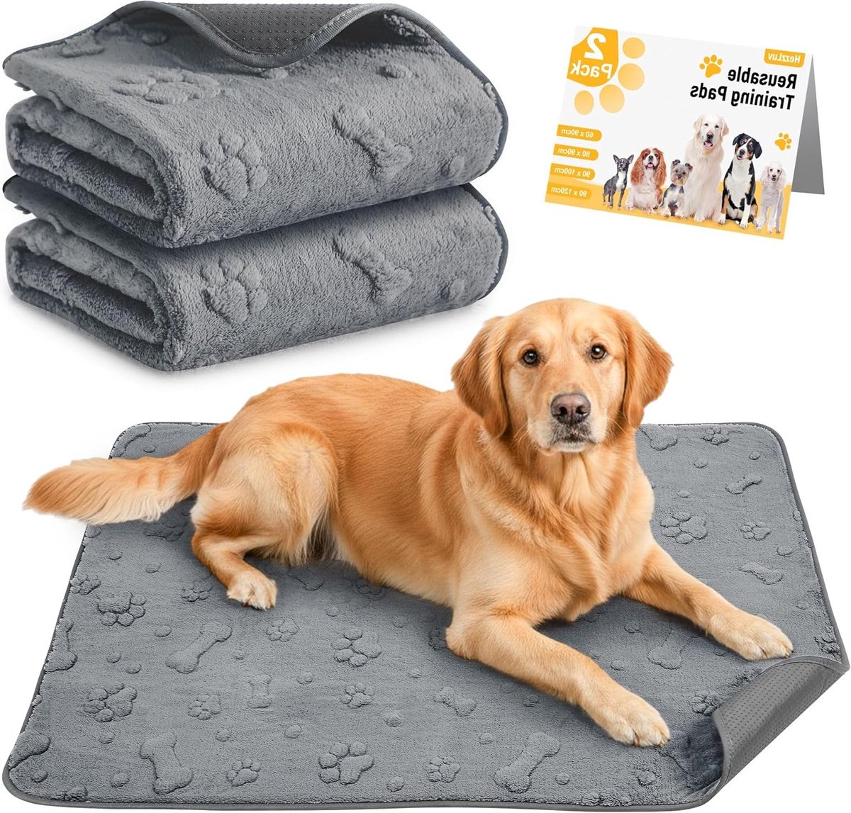 Set van 2 Wasbare Puppy Matten - Herbruikbare Super Absorberende Waterdichte Training Pads met Antislip en Pootbeenpatroon 90 x 120 cm
