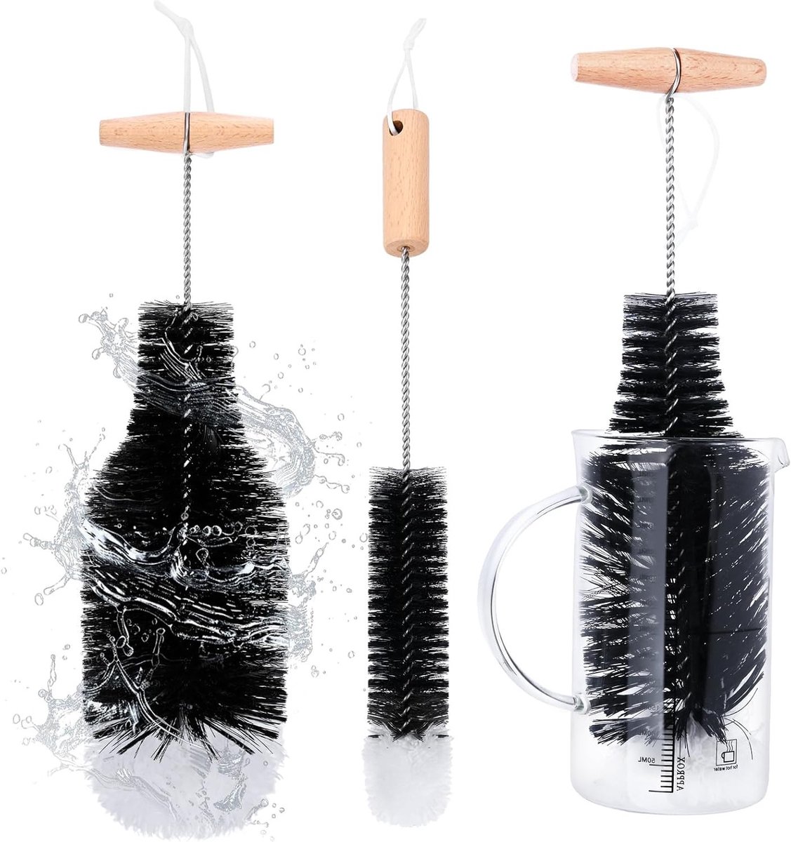 2-delige flesborstel van 35 cm voor glazen flessen, ideaal voor decanters, drinkflessen en babyflessen, zacht en effectief voor grondige reiniging