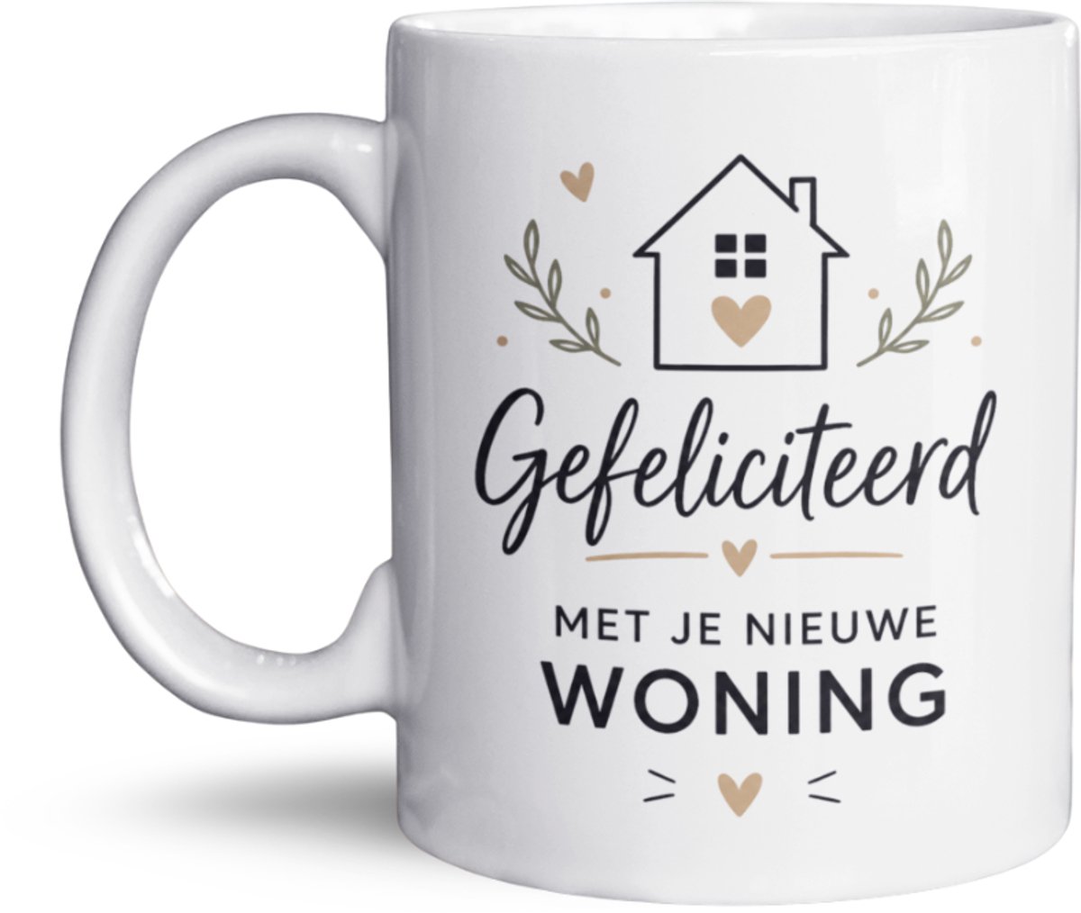 NietMokken.nl - Gefeliciteerd met je Nieuwe Woning – Housewarming Cadeau – Inclusief Viltje – Aan beide zijden bedrukt - Housewarming mok