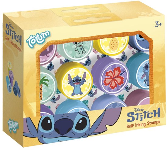 Verpakking met 12 Disney Stitch zelfinktende stempels, met afbeeldingen van Stitch en fruit. Geschikt voor 3+.
