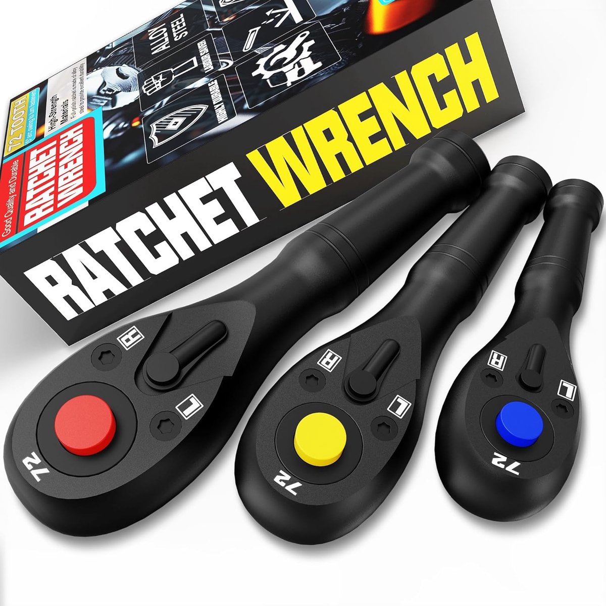 SnelShoppen - 3-delige Omkeerbare Ratsleutel Set 1/4" 3/8" 1/2" - 72 Tanden Snelsluiting Ratsleutel Set - Hoogwaardige Chroom Vanadium Staal - Ideaal