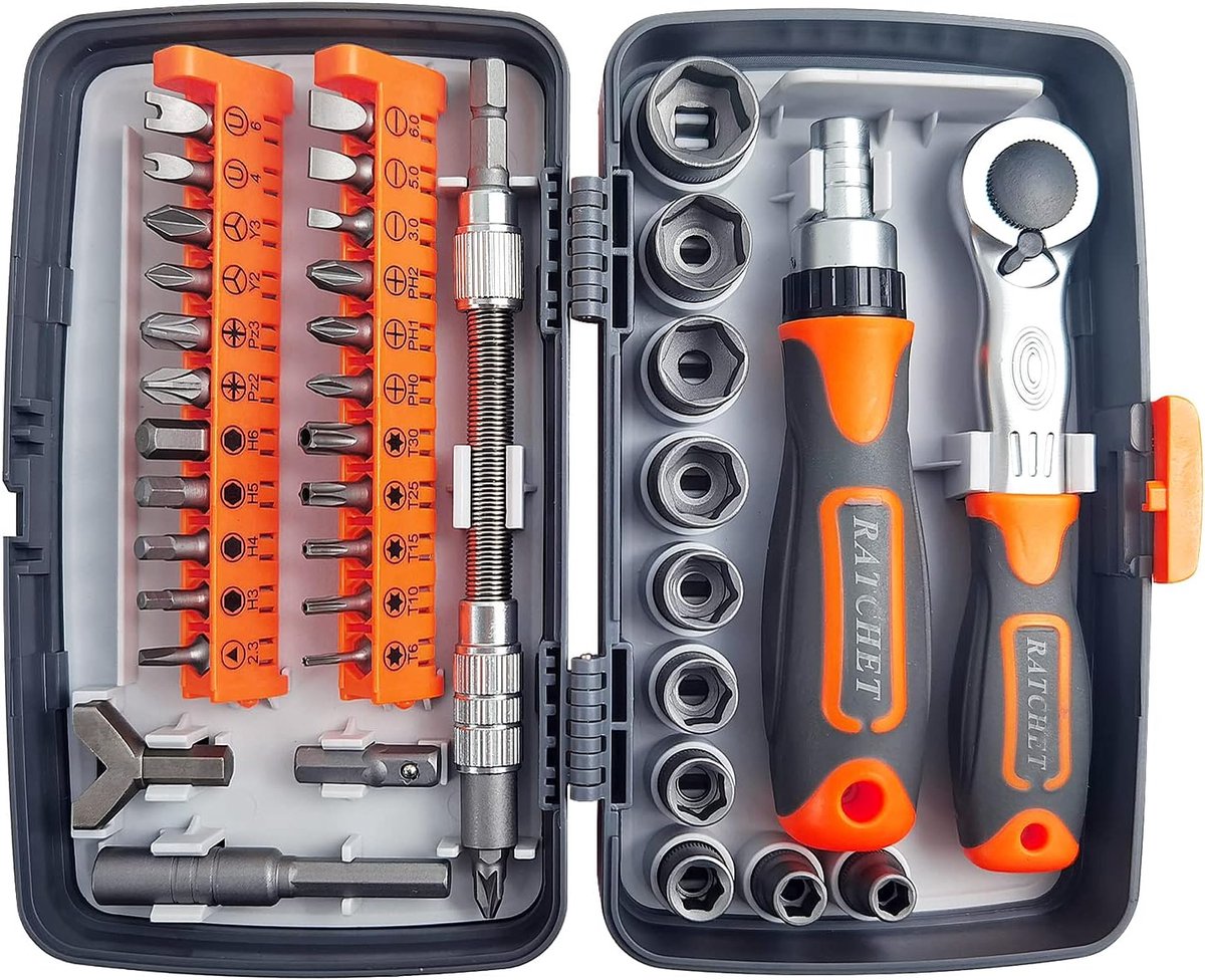 SnelShoppen - 38-in-1 Ratchet Box Set, Compact Socket Wrench Set voor Meubelreparatie, Auto, Computer en Elektronica, Chrome Vanadium Staal, Ideale Ha