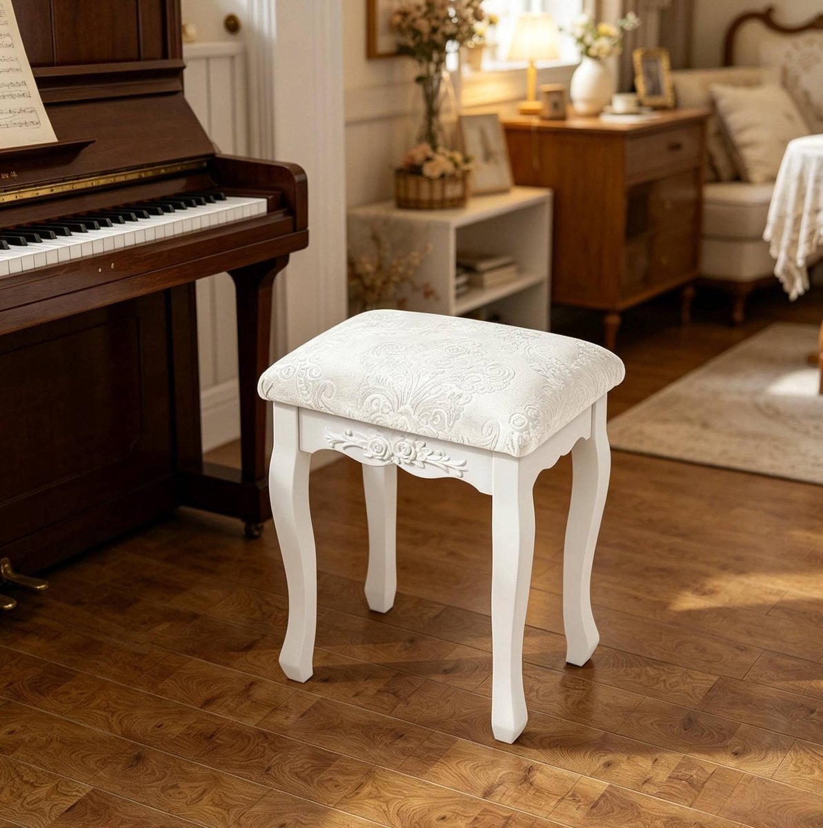 OKWISH Hocker - 37 x 29 x 48 cm - Gestoffeerde Zitting Met Retro Bloemrelief - MDF En Kunststof - Cremewit - Voor Kaptafel, Piano Of Hal