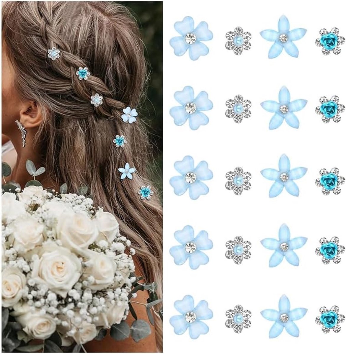 SnelShoppen - Set van 20 Kleine Bloemen Haarclips, Mini Rhinestone Metalen Haaraccessoires voor Vrouwen, Trouwen Haar Clips voor Meisjes, Lichtblauw,