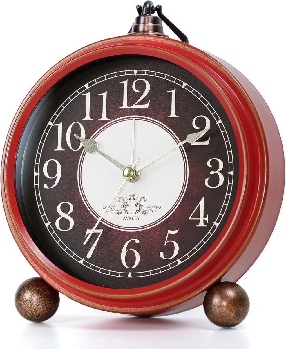 SnelShoppen - Vintage Analoge Alarmklok 13.5cm - Stille Batterij-Aangedreven Metaal Tafelklok - Retro Bed- en Bureauklok in Rood-Zwart voor Slaapkamer