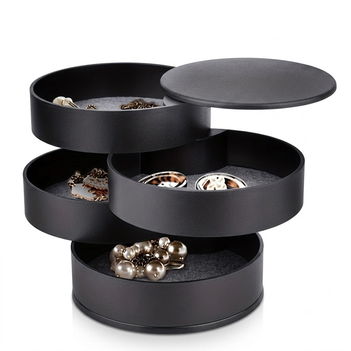 Zwarte sieraden organizer dames en heren – draaibare multilagen opbergdoos met deksel voor ringen oorbellen kettingen en armbanden – ronde kunststof sieraden organizer met 3 lagen opbergbakjes