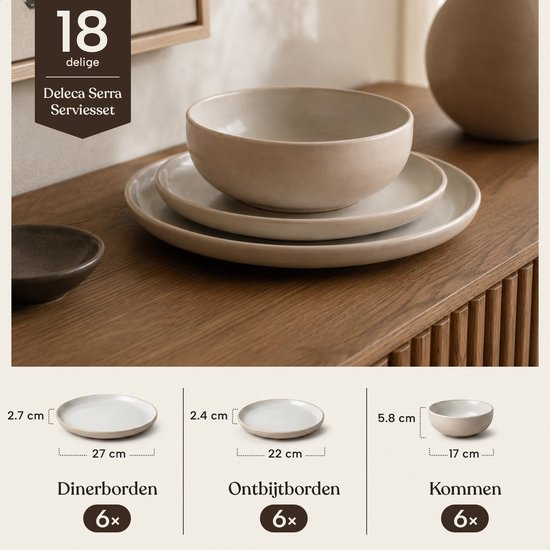 Deleca Serviesset 6 Personen Serra - 18-delig - Aardewerk - Grote en Kleine Borden met Schaaltjes - Keramiek Bordenset & Soepkommen - Japandi Stijl - Soft Beige — afbeelding 2