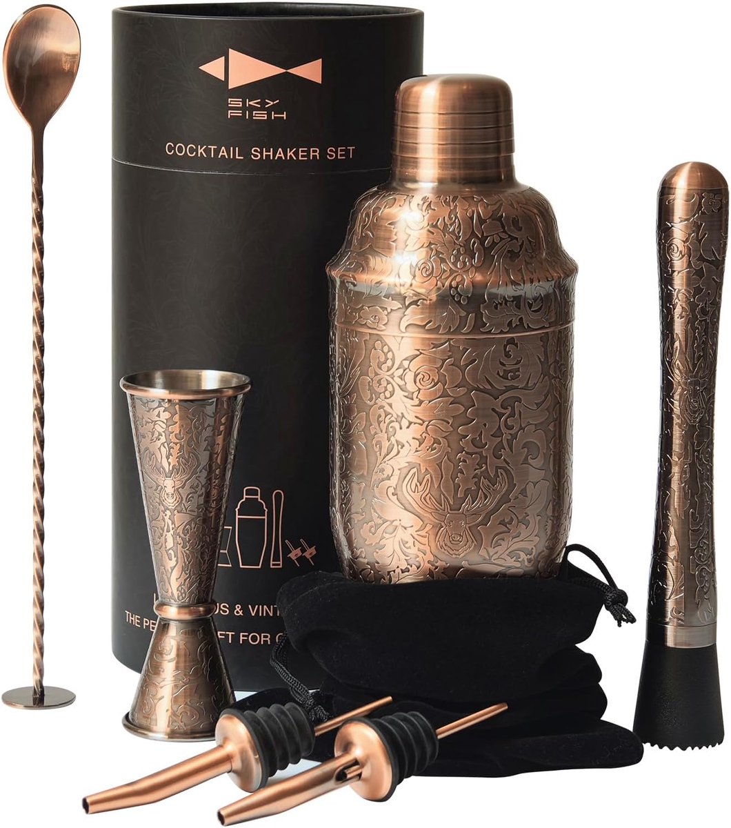 SnelShoppen - Cocktail Shaker Set 6 Delig, Professionele Bartender Set met 3D Gegraveerd Design, Antiek Koper, Roestvrij Staal, Handwas, Perfect voor
