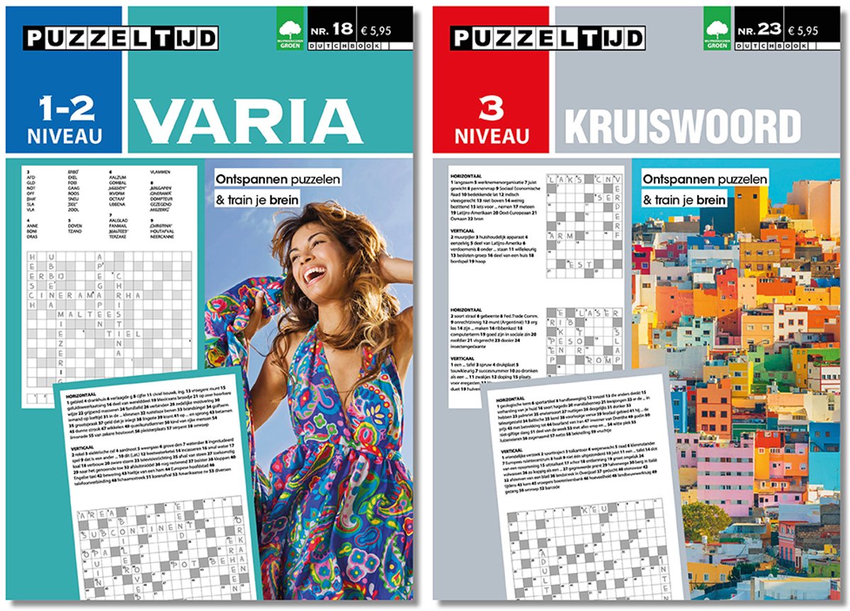 Puzzeltijd Varia Puzzelboek & Kruiswoord puzzelboek Pakket – Niveau 1-2 + 3 Sterren – 2x 96 Pagina’s