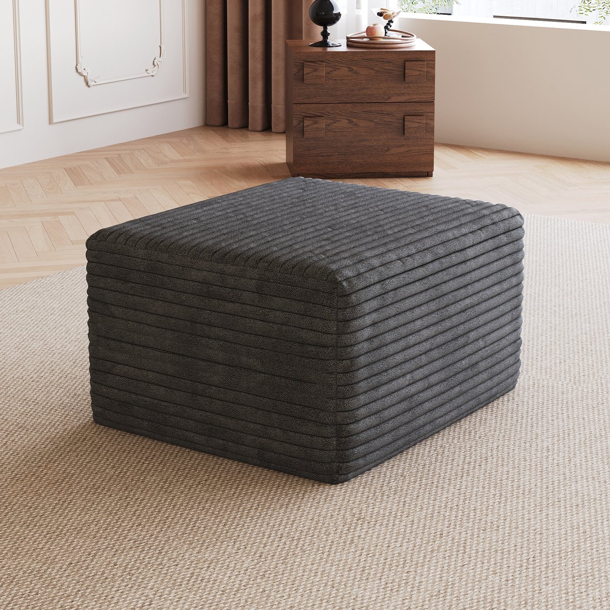 MIVRAY Voetenbankje – 65 x 60 x 38 cm – Zachte Stoffering – Stof – Donkergrijs – Voor Woonkamer en Slaapkamer – Zonder Montage