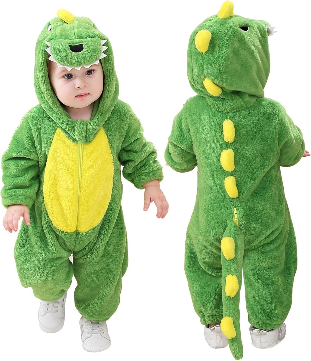 SnelShoppen - Baby Flannel Dinosaurus Hoody Romper, Jumpsuit voor Peuters en Kinderen van 3-4 Jaar, Zacht & Warm Flanel, Perfect voor Winter, Speelgoe