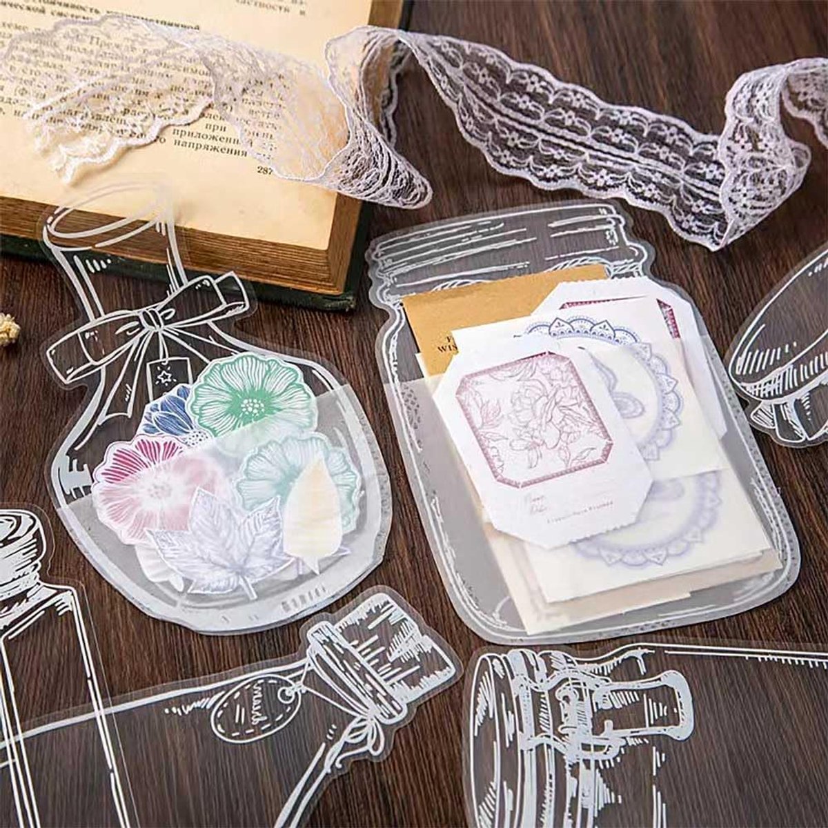 SnelShoppen - Transparante Boekenleggers met Gedroogde Bloemen - 40 Stuks voor Kinderen, Persoonlijke Boekenleggers, DIY Glazen Fles, Wensfles Sticker