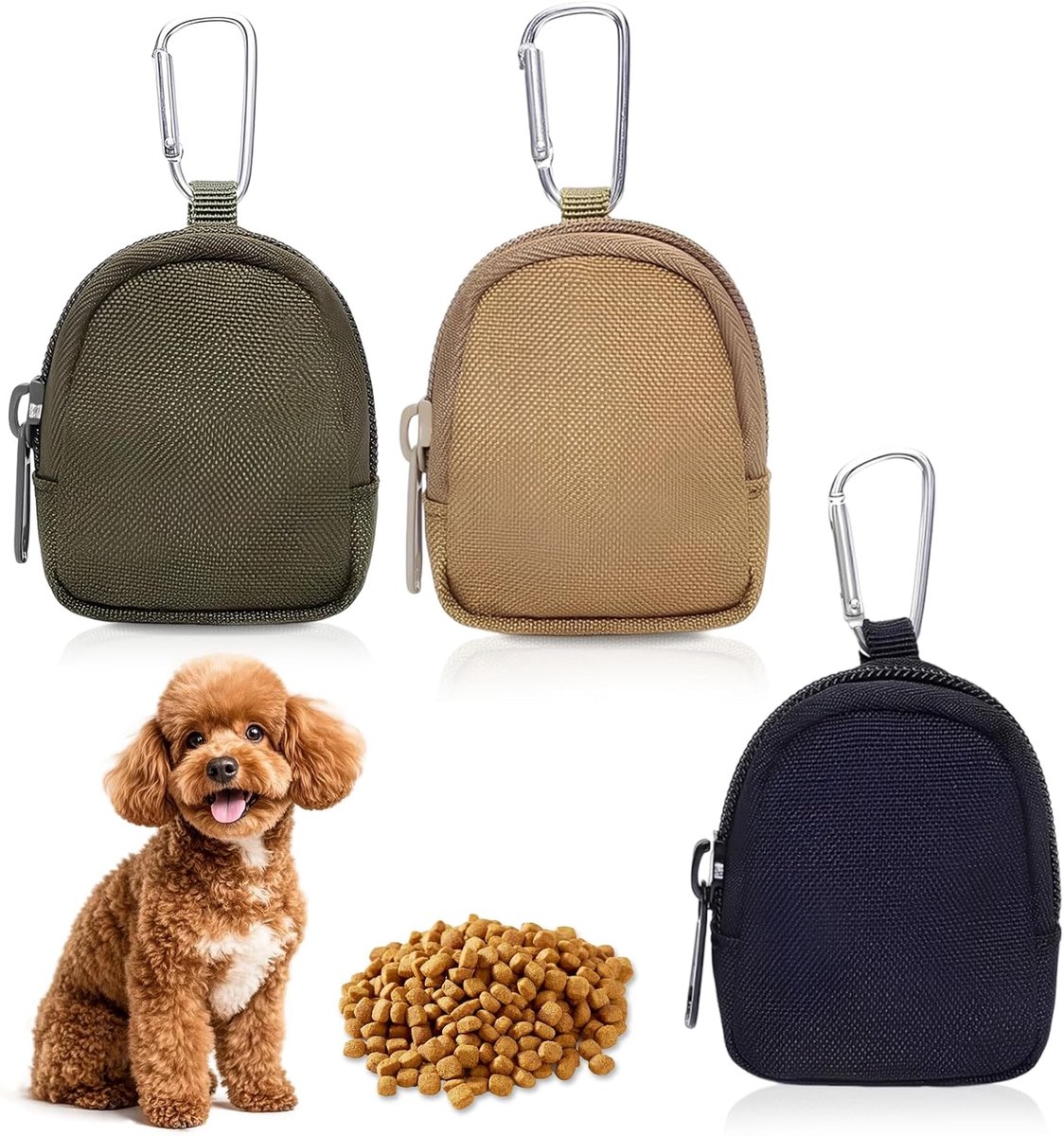 SnelShoppen - 3 Stuks Hondensnoepzakjes met Rits en Carabiner - Handige Mini Hondentrainingszakjes voor Snoepjes - Lichtgewicht en Draagbaar - Groen,