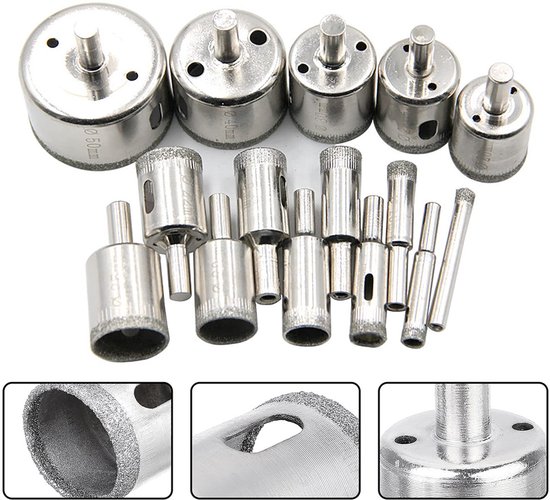 Set van 15 diamantschijven, met close-ups van de schijf, de schacht en de bovenkant.