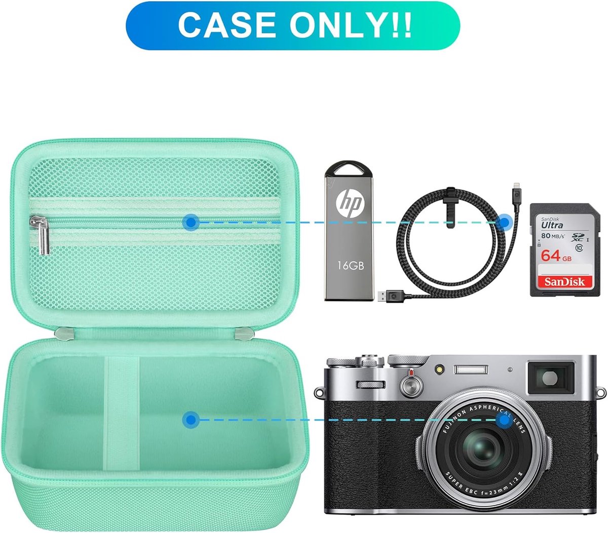 SnelShoppen - Camera Draagtas voor Digitale Camera's, Geschikt voor Fujifilm X100VI / X100V, Extra Mesh Vak voor Oplaadsnoeren, Groene Tas