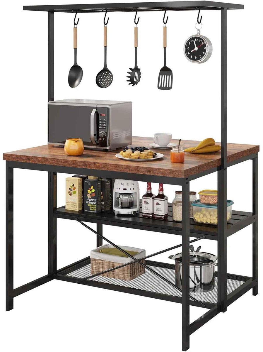 CORE Keukeneiland - 107 cm Keukenkast met Opbergruimte en Zitplaatsen - 3-Laags Bakkersrek - Magnetronstandaard met 5 Haken - Multifunctionele Eilandtafel - Ruime Opbergkast met Industrieel Design - 105.5x71x180cm - Houtlook/Zwart