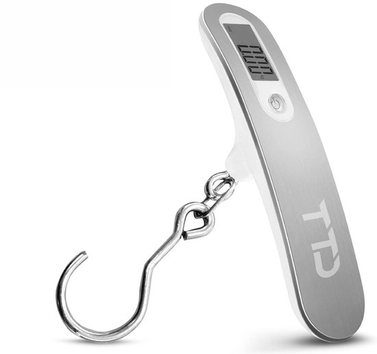 Zilverkleurige digitale hangweegschaal met metalen haak en een lcd-scherm waarop 0.00 kg staat.