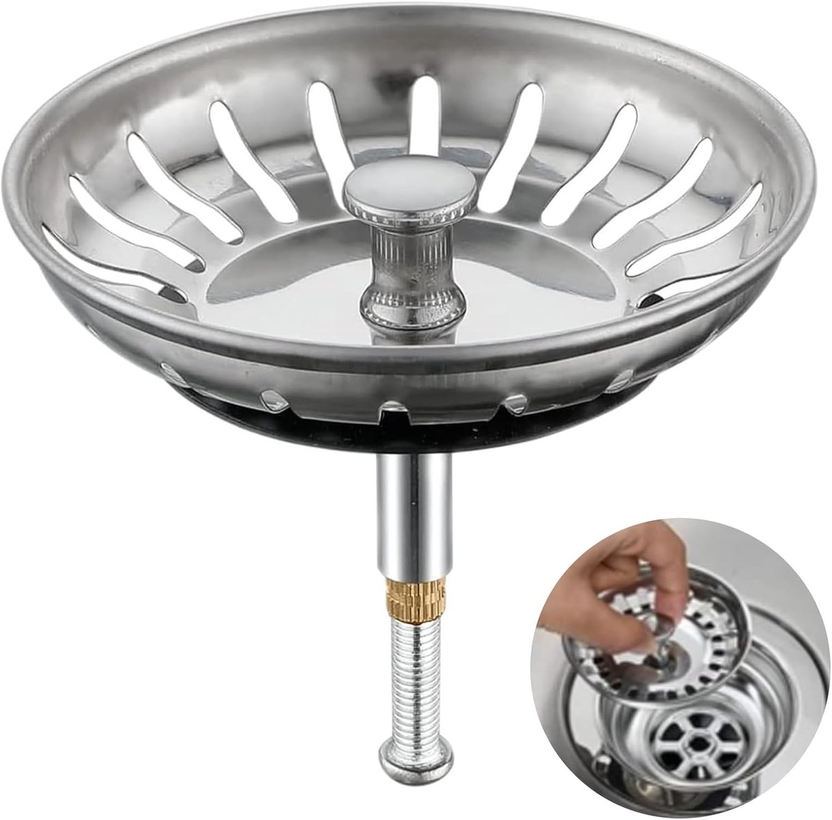 SnelShoppen - 82 mm Universele Afvoerplug voor Keuken & Wastafel, Hoogte Verstelbare Afvoerzeef met Fijn Filter, RVS Afvoerzeef (Zilver)