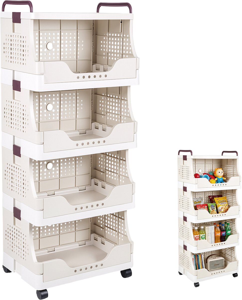 5-Laags Opbergrek op Wielen - Inklapbare Keukentrolley, Smalle Opbergwagen / Rolwagen met 2 Remwielen voor Keuken, Bijkeuken en Badkamer - 42 x 29 x 100 cm - Wit