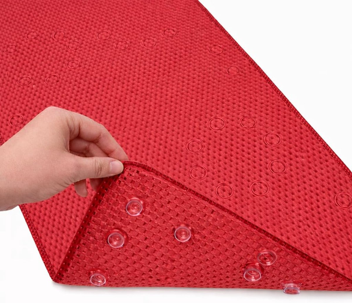 SnelShoppen - Deluxe Badmat Antislip, Zachte Foam Badmat voor Badkuip, Badmat met Afvoergaten, Zuigcups - 91 x 43 cm - Rood