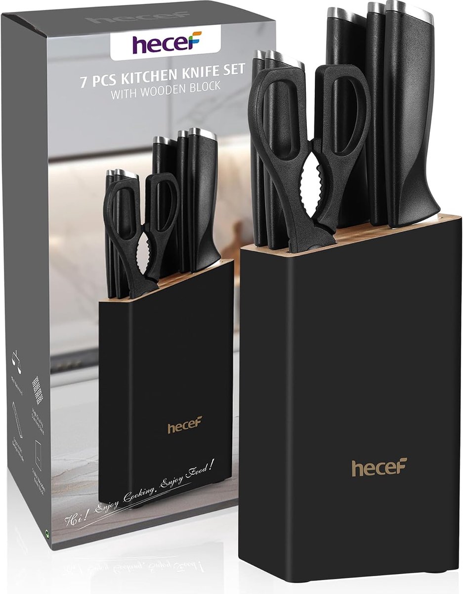 SnelShoppen - 7-Delige Messenset met Blok - RVS Keukenmessen met Scharen, Chef's Mes, Broodmes, Universeel Mes, Schilmes - Zwart - Perfect voor Koken