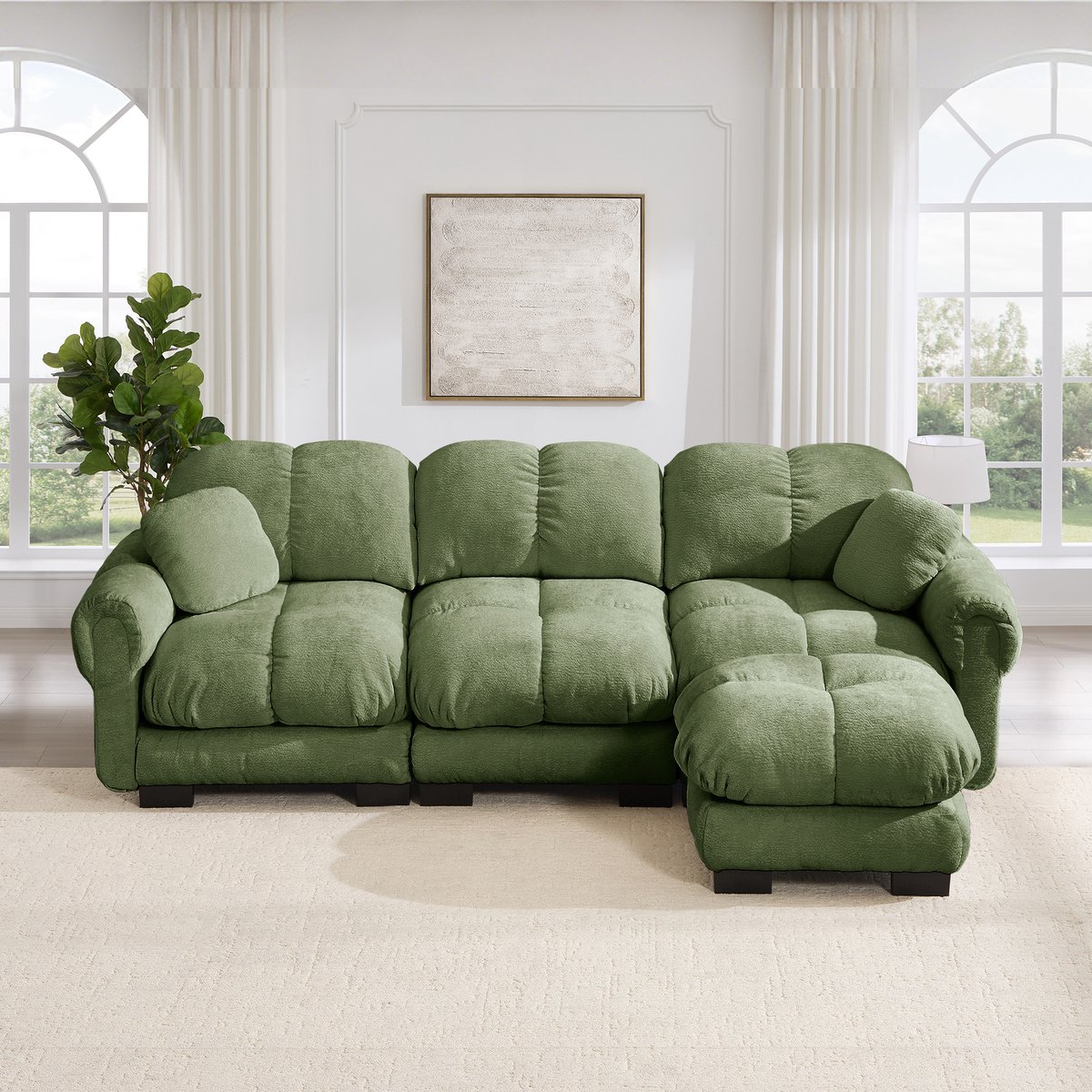 Intebiki bank - L-vormige hoekbank - 3 zits bank - fauteuil - bankstel - inclusief een verplaatsbare poef - chenille stof - 260x149x90 cm - groen