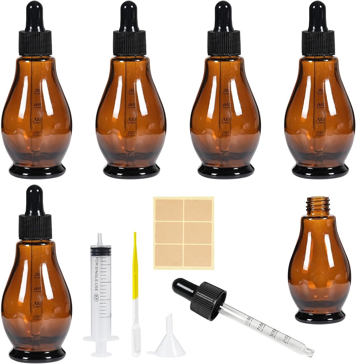 SnelShoppen - 6 Stuks Glazen Pipet Flessen 50ml Peer Vorm Amber Glas met Pipet, Druppelflessen met 2ml Pipet Spuit, Trechter en Labels voor Essentiële