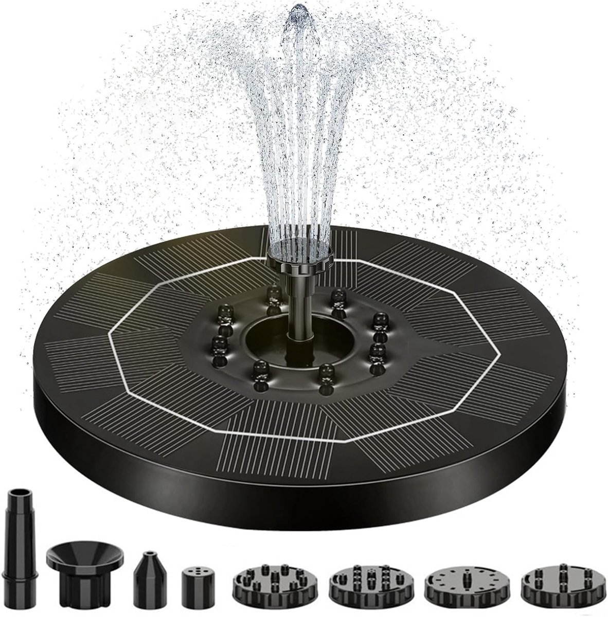 SnelShoppen - Solar Fountain met LED Licht, 2025 Upgrade 3W Solar Waterpomp met 1500mAh Batterij, 6 Nozzles voor Tuin, Vijver en Vogelbad