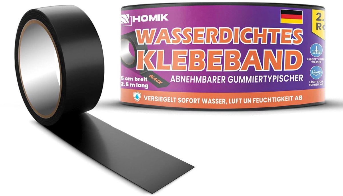 SnelShoppen - Sterke Waterdichte Plakband voor Buiten en Binnen - Dakreparatie Tape 5cm x 2.5m - UV Bestendig Duct Tape - Zwart voor Tuin, Camping en