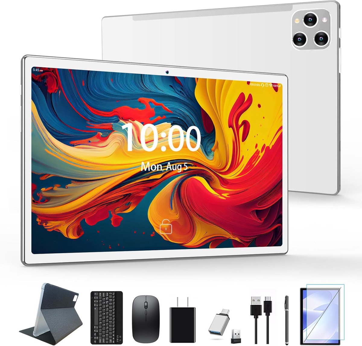 SnelShoppen - Android Tablet 10 inch 2-in-1 met Toetsenbord, Pen en Muis, 16GB RAM, 128GB Opslag, 5G WiFi, 21MP Camera, Octa-Core 2.0GHz - Zilver
