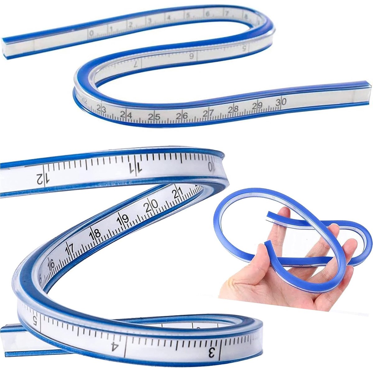 SnelShoppen - 2 Stuks Flexibele Plastic Liniaal, Buigbare Curve Liniaal, PVC Liniaal, Dubbelzijdig voor Tekeningen, Grafisch Ontwerp, Kledingontwerp,